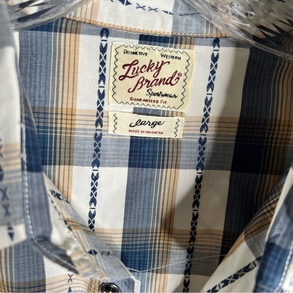 Lucky Brand Men Large Pearl Snap Western Long Sleeve Gray Tan Flannel Shirt U - Picture 2 of 8